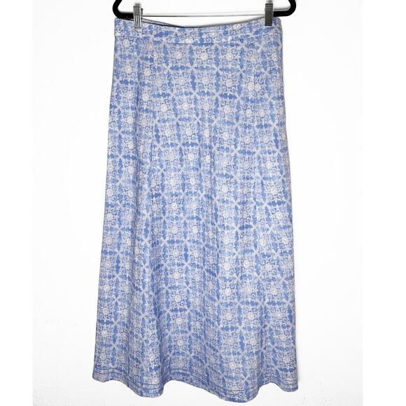 L.L. Bean Women's Midi A Line Linen Skirt Blue Gray Geometric Floral Peasant 10P - Picture 1 of 6